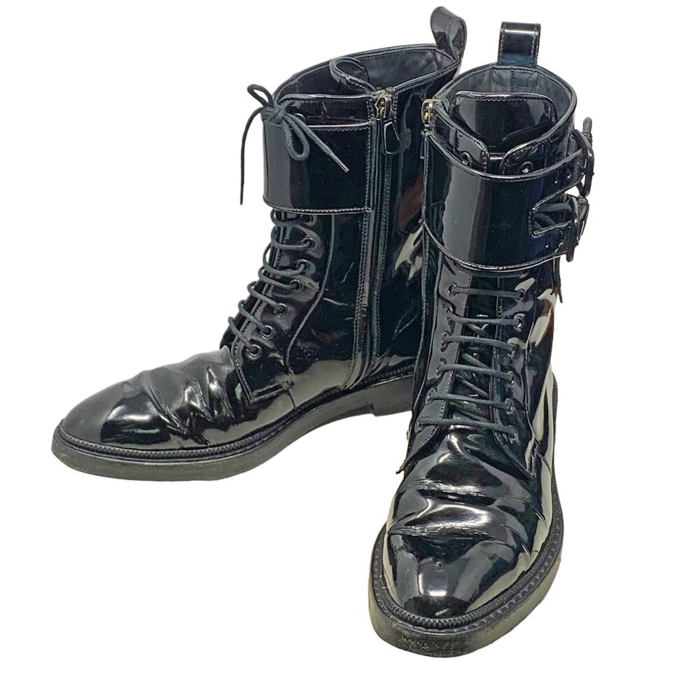 Paul Andrew Landrey Patent Leather Ankle Double Top Strap‎ Moto Boots